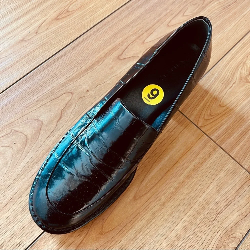 Vince Black Loafers Block Heel Croc Embossed